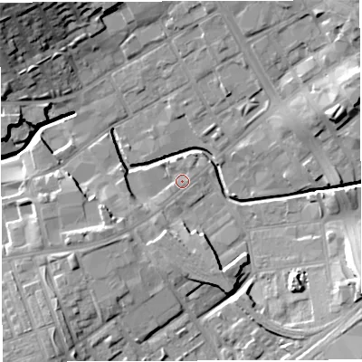 Shaded relief map of the ground around BB21NU, computed from Environment Agency LiDAR. The ground here sits at about 103 m above sea level and falls 21 m across the surrounding 800 m. Surface water reaching this point runs off ground lying to the south-west, 1.9 m higher.