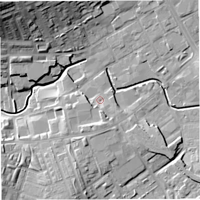 Shaded relief map of the ground around BB21PG, computed from Environment Agency LiDAR. The ground here sits at about 104 m above sea level and falls 34 m across the surrounding 800 m. Surface water reaching this point runs off ground lying to the south, 5.6 m higher.