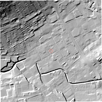 Shaded relief map of the ground around BB21PN, computed from Environment Agency LiDAR. The ground here sits at about 104 m above sea level and falls 46 m across the surrounding 800 m. Surface water reaching this point runs off ground lying to the north-east, 3.6 m higher.