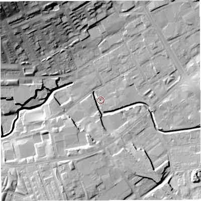 Shaded relief map of the ground around BB21PQ, computed from Environment Agency LiDAR. The ground here sits at about 103 m above sea level and falls 38 m across the surrounding 800 m. Surface water reaching this point runs off ground lying to the north-west, 34.9 m higher.