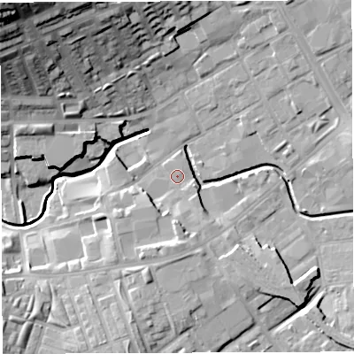 Shaded relief map of the ground around BB21PR, computed from Environment Agency LiDAR. The ground here sits at about 104 m above sea level and falls 40 m across the surrounding 800 m. Surface water reaching this point runs off ground lying to the south, 5.9 m higher.