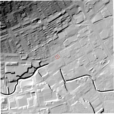 Shaded relief map of the ground around BB21PS, computed from Environment Agency LiDAR. The ground here sits at about 103 m above sea level and falls 61 m across the surrounding 800 m. Surface water reaching this point runs off ground lying to the north-west, 54.7 m higher.