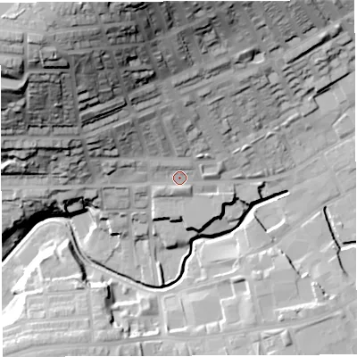Shaded relief map of the ground around BB21QD, computed from Environment Agency LiDAR. The ground here sits at about 110 m above sea level and falls 69 m across the surrounding 800 m. Surface water reaching this point runs off ground lying to the north-west, 53.9 m higher.