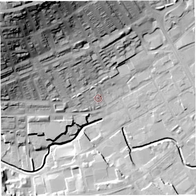 Shaded relief map of the ground around BB21QS, computed from Environment Agency LiDAR. The ground here sits at about 106 m above sea level and falls 67 m across the surrounding 800 m. Surface water reaching this point runs off ground lying to the north-west, 57.9 m higher.