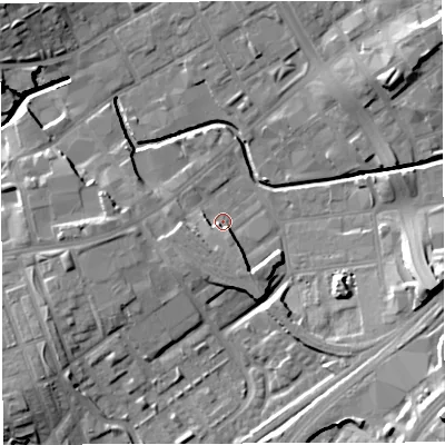Shaded relief map of the ground around BB21RF, computed from Environment Agency LiDAR. The ground here sits at about 104 m above sea level and falls 22 m across the surrounding 800 m. Surface water reaching this point runs off ground lying to the south, 3.4 m higher.