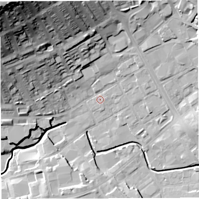 Shaded relief map of the ground around BB21SN, computed from Environment Agency LiDAR. The ground here sits at about 104 m above sea level and falls 57 m across the surrounding 800 m. Surface water reaching this point runs off ground lying to the north-east, 4.4 m higher.