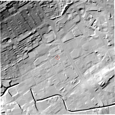 Shaded relief map of the ground around BB21SP, computed from Environment Agency LiDAR. The ground here sits at about 106 m above sea level and falls 52 m across the surrounding 800 m. Surface water reaching this point runs off ground lying to the north-north-east, 2.1 m higher.