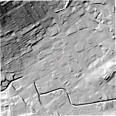 Shaded relief map of the ground around BB21SW, computed from Environment Agency LiDAR. The ground here sits at about 105 m above sea level and falls 50 m across the surrounding 800 m. Surface water reaching this point runs off ground lying to the north-east, 2.3 m higher.