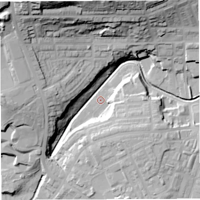 Shaded relief map of the ground around BB21TU, computed from Environment Agency LiDAR. The ground here sits at about 97 m above sea level and falls 57 m across the surrounding 800 m. Surface water reaching this point runs off ground lying to the south-east, 19.6 m higher.