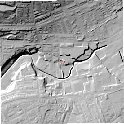 Shaded relief map of the ground around BB21TY, computed from Environment Agency LiDAR. The ground here sits at about 102 m above sea level and falls 64 m across the surrounding 800 m. Surface water reaching this point runs off ground lying to the north-north-west, 39.2 m higher.