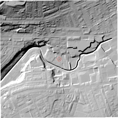 Shaded relief map of the ground around BB21UA, computed from Environment Agency LiDAR. The ground here sits at about 101 m above sea level and falls 61 m across the surrounding 800 m. Surface water reaching this point runs off ground lying to the north-north-west, 46.7 m higher.
