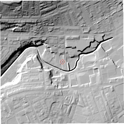 Shaded relief map of the ground around BB21UB, computed from Environment Agency LiDAR. The ground here sits at about 100 m above sea level and falls 57 m across the surrounding 800 m. Surface water reaching this point runs off ground lying to the north, 38.2 m higher.