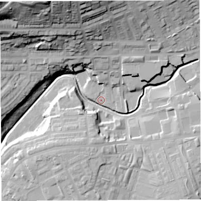 Shaded relief map of the ground around BB21UE, computed from Environment Agency LiDAR. The ground here sits at about 100 m above sea level and falls 61 m across the surrounding 800 m. Surface water reaching this point runs off ground lying to the north-north-west, 45.3 m higher.