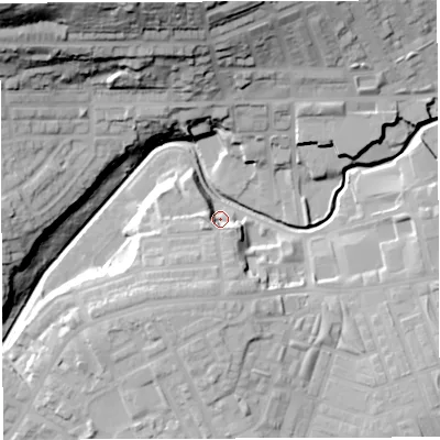 Shaded relief map of the ground around BB21UF, computed from Environment Agency LiDAR. The ground here sits at about 102 m above sea level and falls 58 m across the surrounding 800 m. Surface water reaching this point runs off ground lying to the south-south-west, 5.5 m higher.