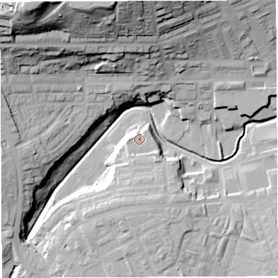 Shaded relief map of the ground around BB21UG, computed from Environment Agency LiDAR. The ground here sits at about 105 m above sea level and falls 68 m across the surrounding 800 m. Surface water reaching this point runs off ground lying to the south, 10.4 m higher.