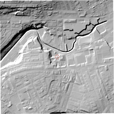 Shaded relief map of the ground around BB21UJ, computed from Environment Agency LiDAR. The ground here sits at about 103 m above sea level and falls 41 m across the surrounding 800 m. Surface water reaching this point runs off ground lying to the south-west, 11.1 m higher.