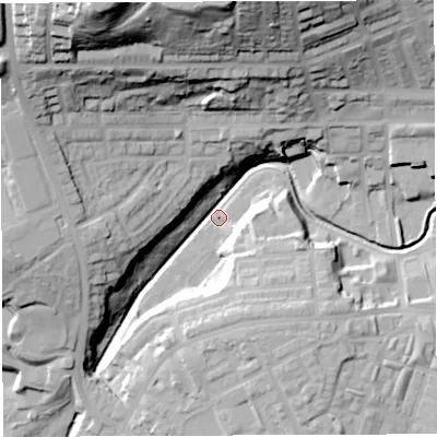 Shaded relief map of the ground around BB21UQ, computed from Environment Agency LiDAR. The ground here sits at about 97 m above sea level and falls 68 m across the surrounding 800 m. Surface water reaching this point runs off ground lying to the south-east, 19.6 m higher.