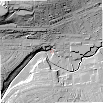 Shaded relief map of the ground around BB21WD, computed from Environment Agency LiDAR. The ground here sits at about 98 m above sea level and falls 72 m across the surrounding 800 m. Surface water reaching this point runs off ground lying to the north-north-west, 58.4 m higher.