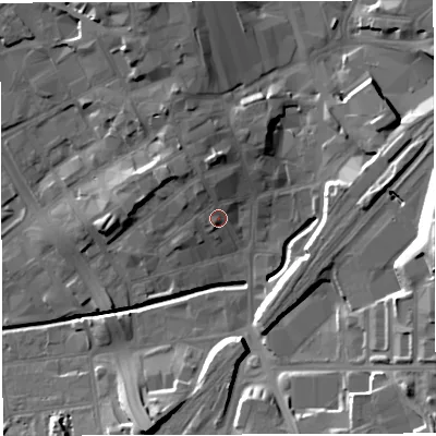 Shaded relief map of the ground around BB22AD, computed from Environment Agency LiDAR. The ground here sits at about 110 m above sea level and falls 26 m across the surrounding 800 m. Surface water reaching this point runs off ground lying to the north-north-west, 3.7 m higher.