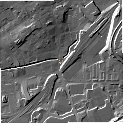 Shaded relief map of the ground around BB22AH, computed from Environment Agency LiDAR. The ground here sits at about 107 m above sea level and falls 32 m across the surrounding 800 m. Surface water reaching this point runs off ground lying to the north-east, 12.4 m higher.