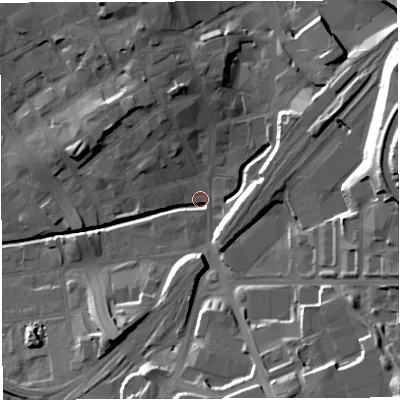 Shaded relief map of the ground around BB22AJ, computed from Environment Agency LiDAR. The ground here sits at about 106 m above sea level and falls 29 m across the surrounding 800 m. Surface water reaching this point runs off ground lying to the north-east, 12.4 m higher.