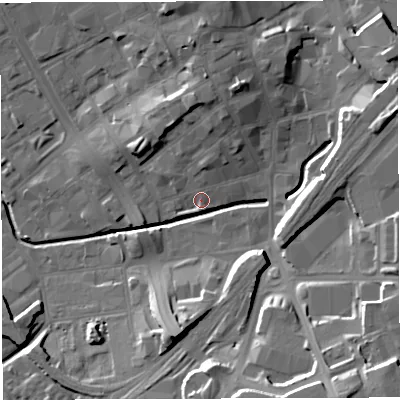 Shaded relief map of the ground around BB22AN, computed from Environment Agency LiDAR. The ground here sits at about 108 m above sea level and falls 22 m across the surrounding 800 m. Surface water reaching this point runs off ground lying to the north, 1.8 m higher.