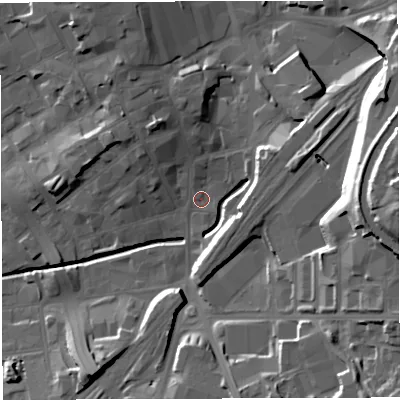 Shaded relief map of the ground around BB22AP, computed from Environment Agency LiDAR. The ground here sits at about 107 m above sea level and falls 32 m across the surrounding 800 m. Surface water reaching this point runs off ground lying to the east-north-east, 12.4 m higher.