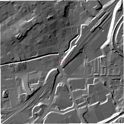 Shaded relief map of the ground around BB22AQ, computed from Environment Agency LiDAR. The ground here sits at about 111 m above sea level and falls 33 m across the surrounding 800 m. Surface water reaching this point runs off ground lying to the east-north-east, 28.4 m higher.