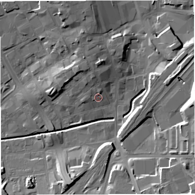 Shaded relief map of the ground around BB22AX, computed from Environment Agency LiDAR. The ground here sits at about 109 m above sea level and falls 22 m across the surrounding 800 m. Surface water reaching this point runs off ground lying to the north-north-west, 4.4 m higher.