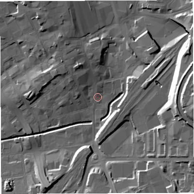Shaded relief map of the ground around BB22BL, computed from Environment Agency LiDAR. The ground here sits at about 107 m above sea level and falls 32 m across the surrounding 800 m. Surface water reaching this point runs off ground lying to the north, 1.5 m higher.
