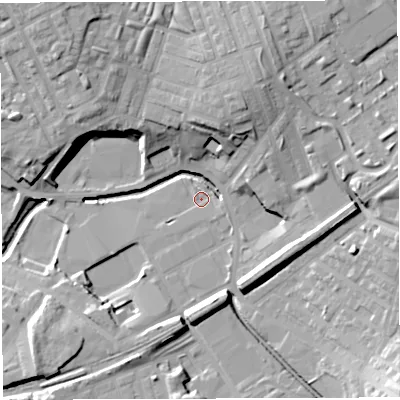 Shaded relief map of the ground around BB22BN, computed from Environment Agency LiDAR. The ground here sits at about 95 m above sea level and falls 21 m across the surrounding 800 m. Surface water reaching this point runs off ground lying to the north-north-east, 16.2 m higher.