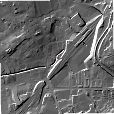 Shaded relief map of the ground around BB22BU, computed from Environment Agency LiDAR. The ground here sits at about 108 m above sea level and falls 34 m across the surrounding 800 m. Surface water reaching this point runs off ground lying to the north-east, 10.4 m higher.