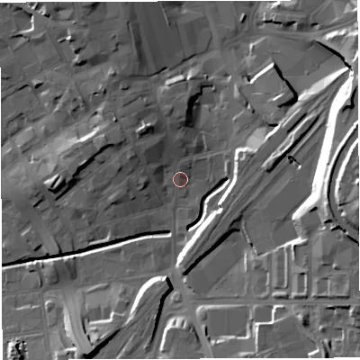 Shaded relief map of the ground around BB22BW, computed from Environment Agency LiDAR. The ground here sits at about 108 m above sea level and falls 32 m across the surrounding 800 m. Surface water reaching this point runs off ground lying to the north, 1.9 m higher.
