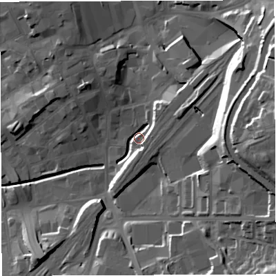 Shaded relief map of the ground around BB22BX, computed from Environment Agency LiDAR. The ground here sits at about 108 m above sea level and falls 35 m across the surrounding 800 m. Surface water reaching this point runs off ground lying to the north-east, 10.4 m higher.