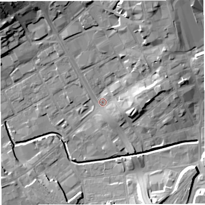 Shaded relief map of the ground around BB22DT, computed from Environment Agency LiDAR. The ground here sits at about 106 m above sea level and falls 22 m across the surrounding 800 m. Surface water reaching this point runs off ground lying to the east-north-east, 7.5 m higher.
