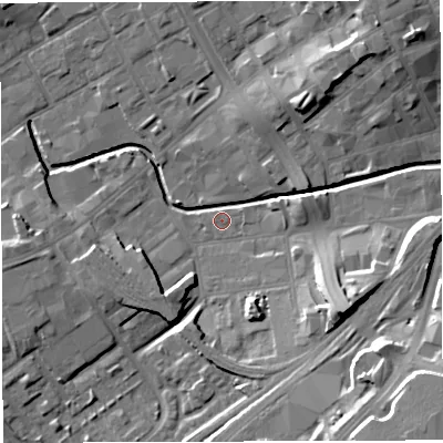 Shaded relief map of the ground around BB22DY, computed from Environment Agency LiDAR. The ground here sits at about 104 m above sea level and falls 22 m across the surrounding 800 m. Surface water reaching this point runs off ground lying to the east, 0.7 m higher.