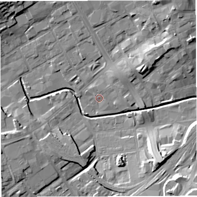 Shaded relief map of the ground around BB22EQ, computed from Environment Agency LiDAR. The ground here sits at about 104 m above sea level and falls 21 m across the surrounding 800 m. Surface water reaching this point runs off ground lying to the north-east, 9.4 m higher.