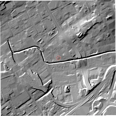 Shaded relief map of the ground around BB22ES, computed from Environment Agency LiDAR. The ground here sits at about 104 m above sea level and falls 22 m across the surrounding 800 m. Surface water reaching this point runs off ground lying to the north-east, 9.4 m higher.