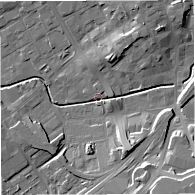 Shaded relief map of the ground around BB22HN, computed from Environment Agency LiDAR. The ground here sits at about 105 m above sea level and falls 23 m across the surrounding 800 m. Surface water reaching this point runs off ground lying to the south-east, 21.0 m higher.