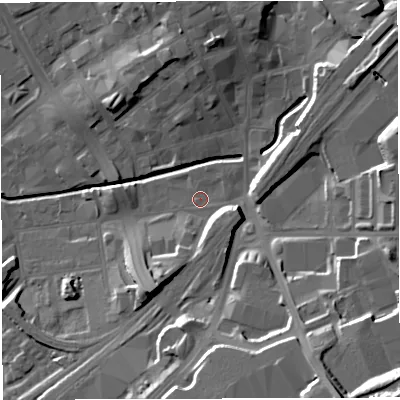 Shaded relief map of the ground around BB22HP, computed from Environment Agency LiDAR. The ground here sits at about 106 m above sea level and falls 33 m across the surrounding 800 m. Surface water reaching this point runs off ground lying to the south-east, 25.9 m higher.