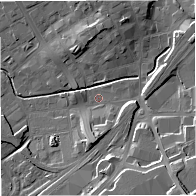 Shaded relief map of the ground around BB22HS, computed from Environment Agency LiDAR. The ground here sits at about 106 m above sea level and falls 29 m across the surrounding 800 m. Surface water reaching this point runs off ground lying to the south-east, 3.7 m higher.