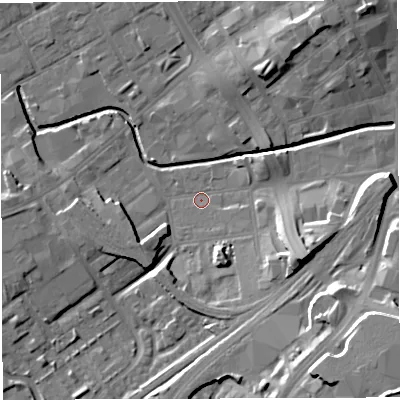 Shaded relief map of the ground around BB22HT, computed from Environment Agency LiDAR. The ground here sits at about 104 m above sea level and falls 26 m across the surrounding 800 m. Surface water reaching this point runs off ground lying to the east-south-east, 13.3 m higher.