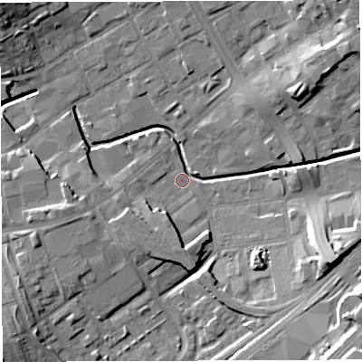 Shaded relief map of the ground around BB22HZ, computed from Environment Agency LiDAR. The ground here sits at about 103 m above sea level and falls 22 m across the surrounding 800 m. Surface water reaching this point runs off ground lying to the south-east, 15.6 m higher.