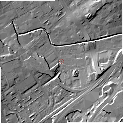 Shaded relief map of the ground around BB22JE, computed from Environment Agency LiDAR. The ground here sits at about 104 m above sea level and falls 25 m across the surrounding 800 m. Surface water reaching this point runs off ground lying to the south-east, 20.3 m higher.