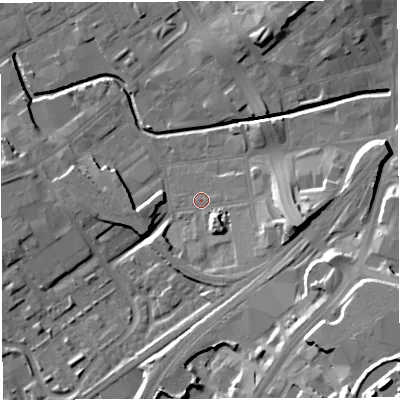 Shaded relief map of the ground around BB22LD, computed from Environment Agency LiDAR. The ground here sits at about 105 m above sea level and falls 31 m across the surrounding 800 m. Surface water reaching this point runs off ground lying to the east-south-east, 12.5 m higher.