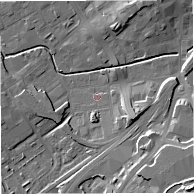 Shaded relief map of the ground around BB22LE, computed from Environment Agency LiDAR. The ground here sits at about 105 m above sea level and falls 34 m across the surrounding 800 m. Surface water reaching this point runs off ground lying to the east-south-east, 1.7 m higher.