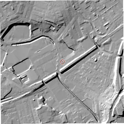 Shaded relief map of the ground around BB22QA, computed from Environment Agency LiDAR. The ground here sits at about 97 m above sea level and falls 25 m across the surrounding 800 m. Surface water reaching this point runs off ground lying to the east, 7.1 m higher.