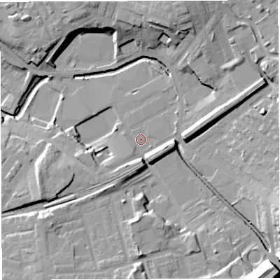 Shaded relief map of the ground around BB22QB, computed from Environment Agency LiDAR. The ground here sits at about 96 m above sea level and falls 22 m across the surrounding 800 m. Surface water reaching this point runs off ground lying to the south-east, 18.7 m higher.