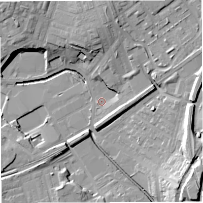 Shaded relief map of the ground around BB22QD, computed from Environment Agency LiDAR. The ground here sits at about 97 m above sea level and falls 25 m across the surrounding 800 m. Surface water reaching this point runs off ground lying to the east, 7.5 m higher.