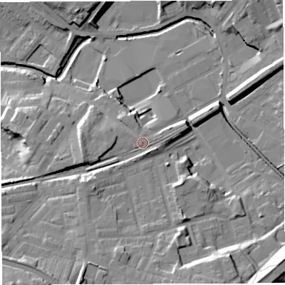 Shaded relief map of the ground around BB22QF, computed from Environment Agency LiDAR. The ground here sits at about 101 m above sea level and falls 26 m across the surrounding 800 m. Surface water reaching this point runs off ground lying to the south-south-west, 11.5 m higher.